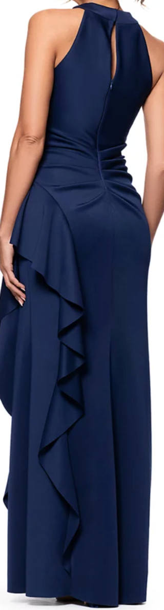 Navy cross-strap halter gown, back view at Dover Grace Boutique in Watkinsville, Georgia.