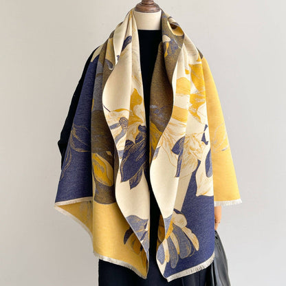 Navy and yellow floral scarf on mannequin at Dover Grace Boutique in Watkinsville, Georgia.