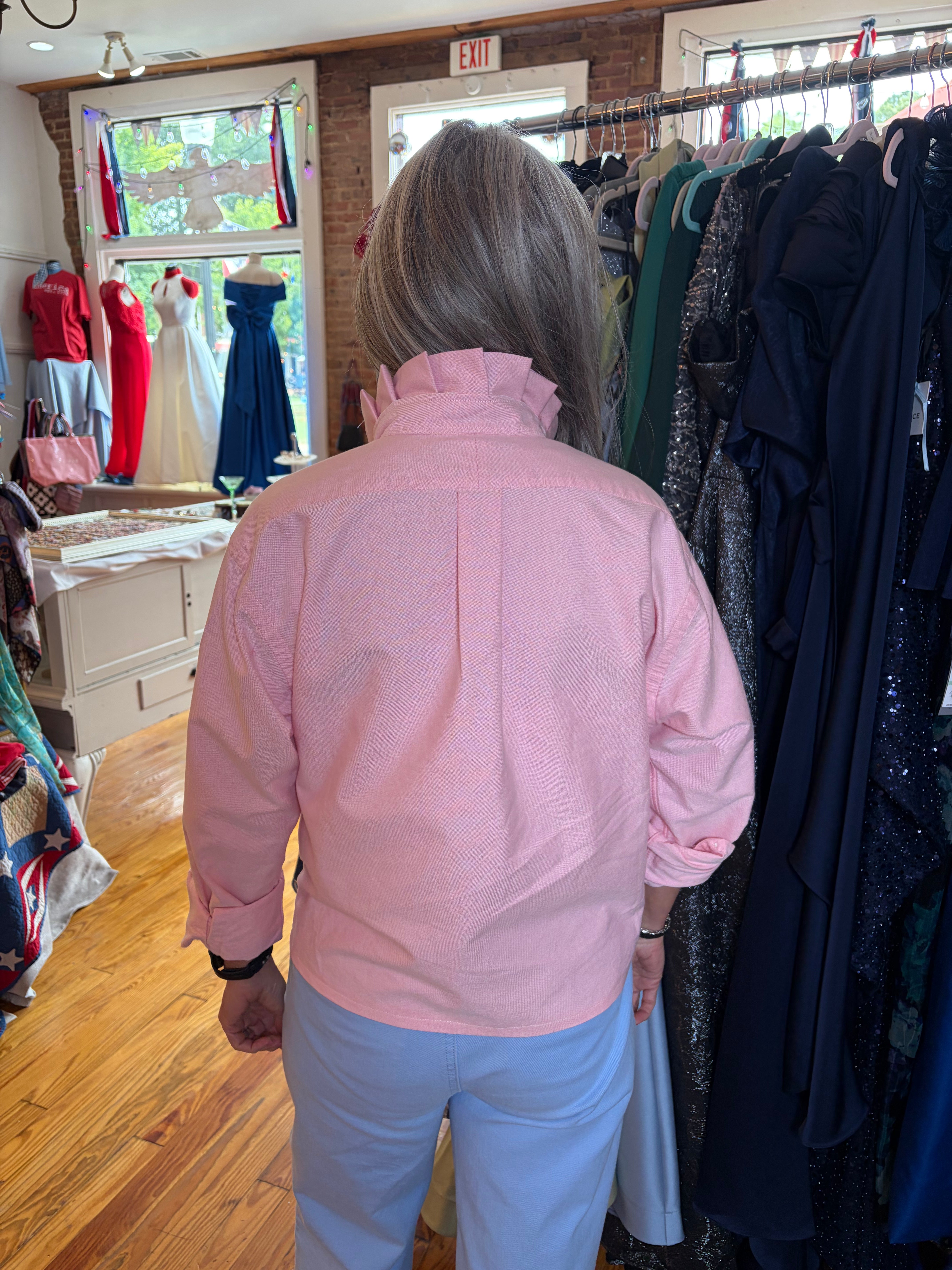 Back full-length view of upcycled Ralph Lauren Polo pink cropped oxford shirt