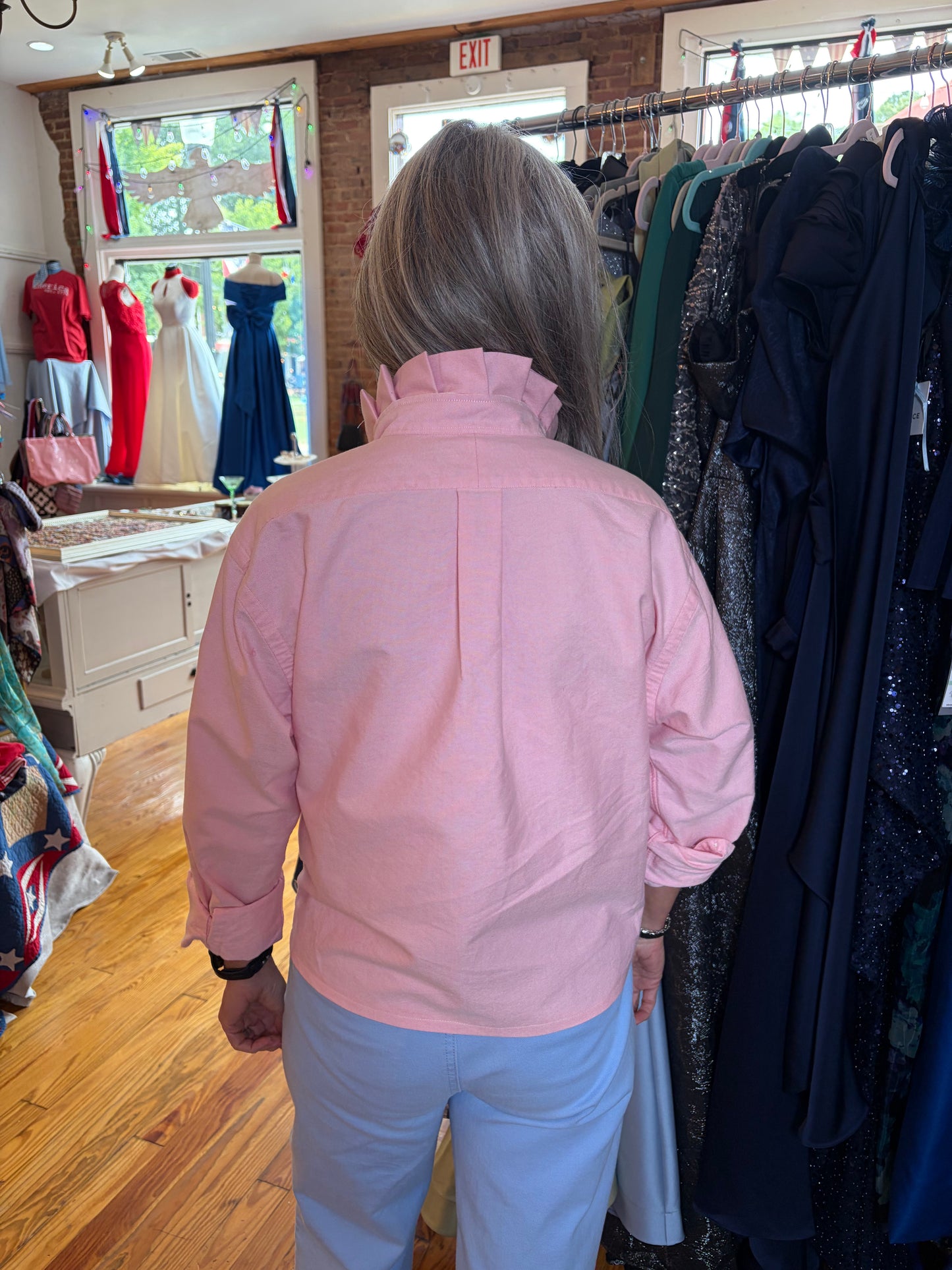 Back full-length view of upcycled Ralph Lauren Polo pink cropped oxford shirt