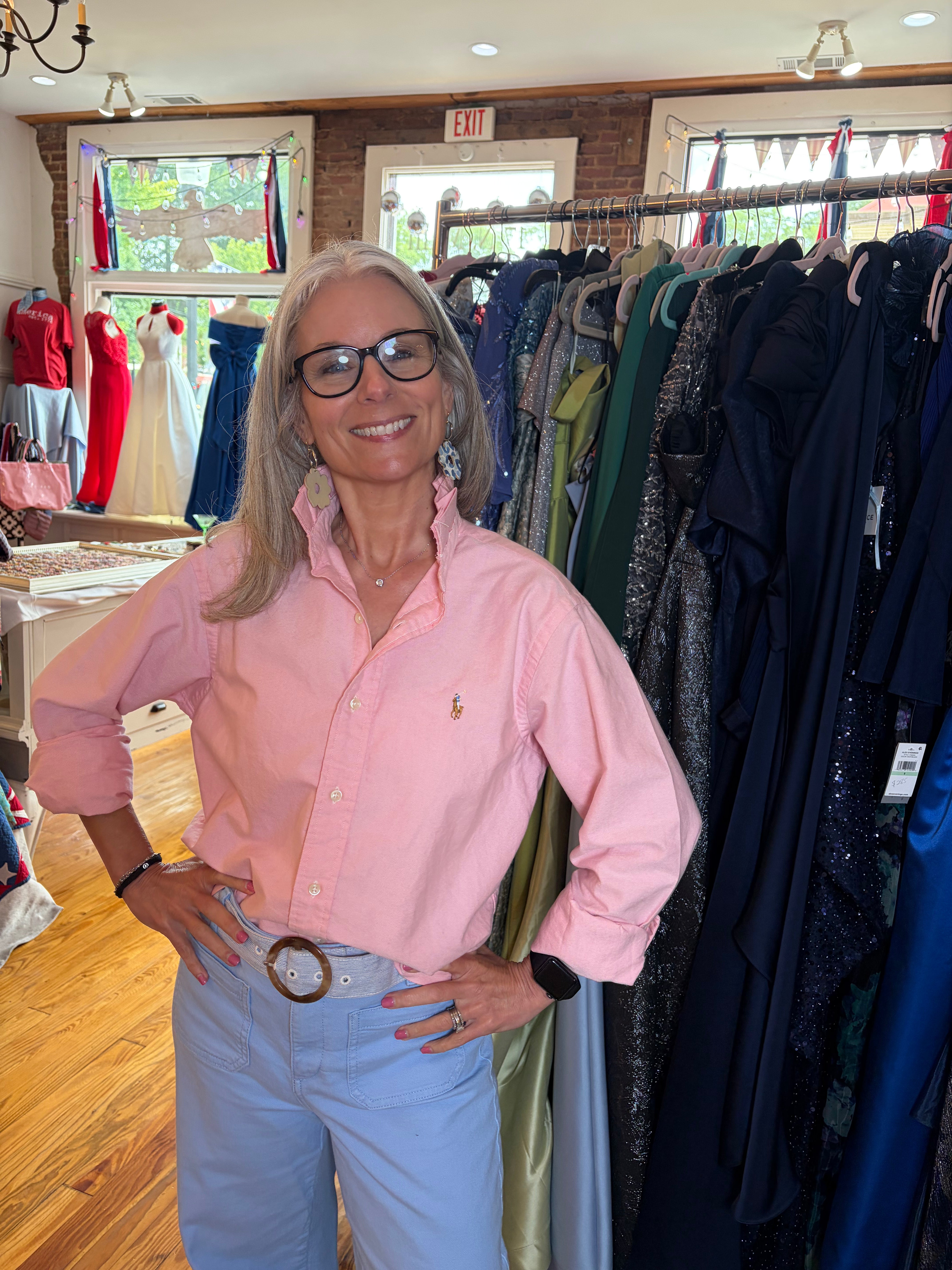Upcycled Ralph Lauren Polo pink oxford shirt with pleated ruffle collar, front view, size small