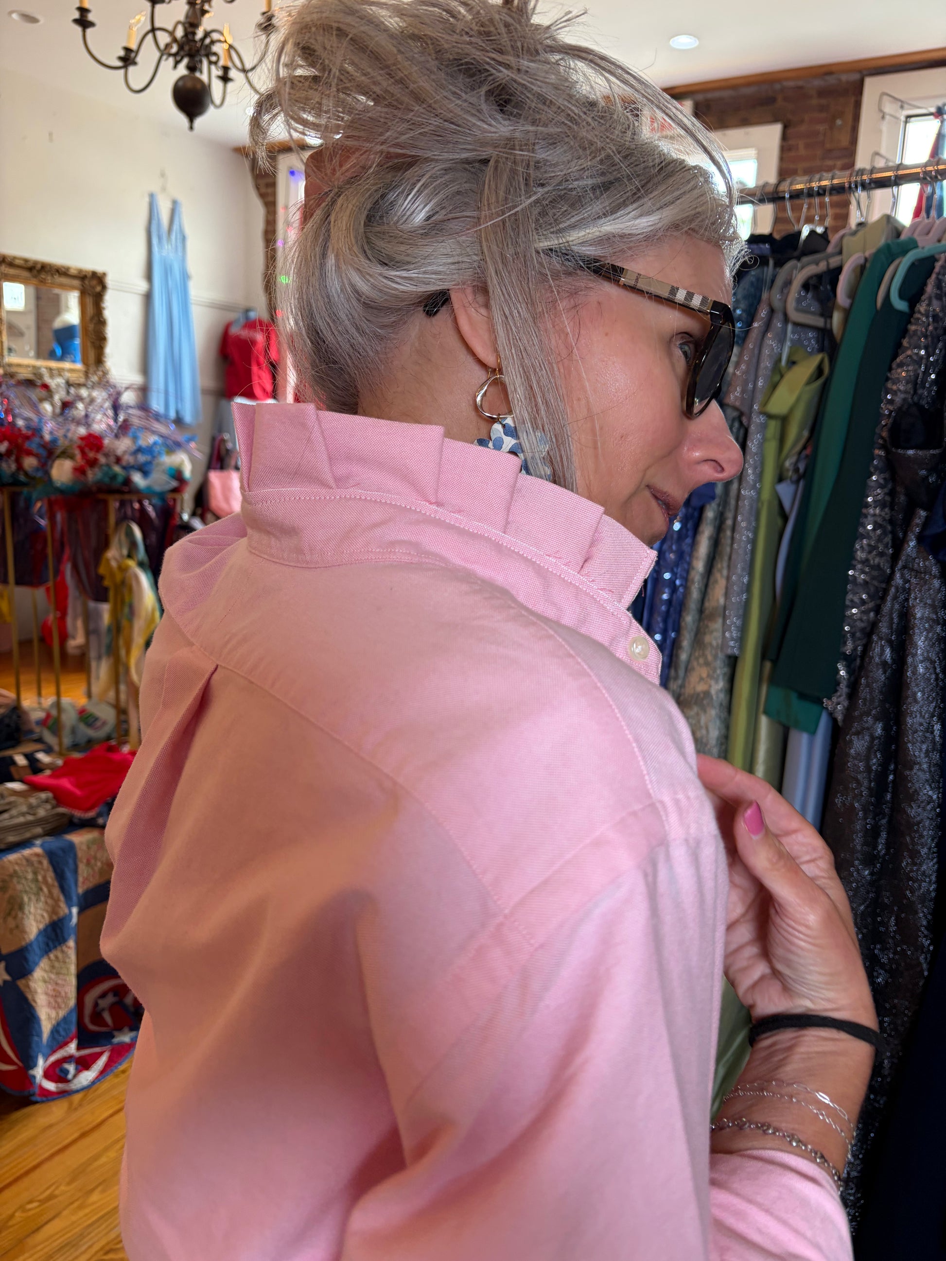 Side view of upcycled Ralph Lauren Polo pink shirt with cropped hem and ruffle collar