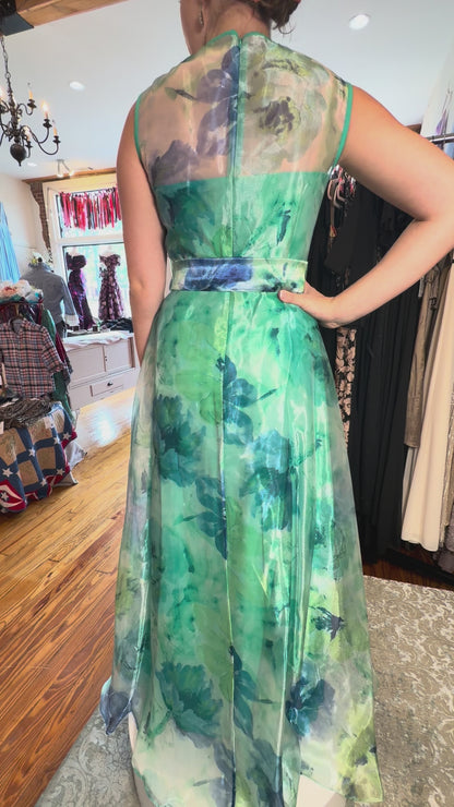 Eliza J Green & Blue Watercolor Floral Illusion Gown – Size 10