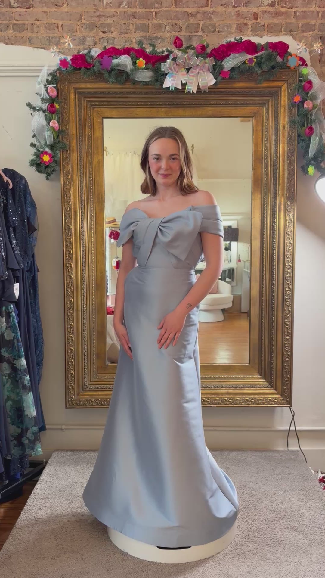 Alyce Paris Off-Shoulder Bow Accent Mermaid Gown – Dusty Blue | Size 4/6 | MOB Formal