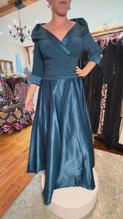Jessica Howard Teal Satin Portrait Collar Gown – Size 12