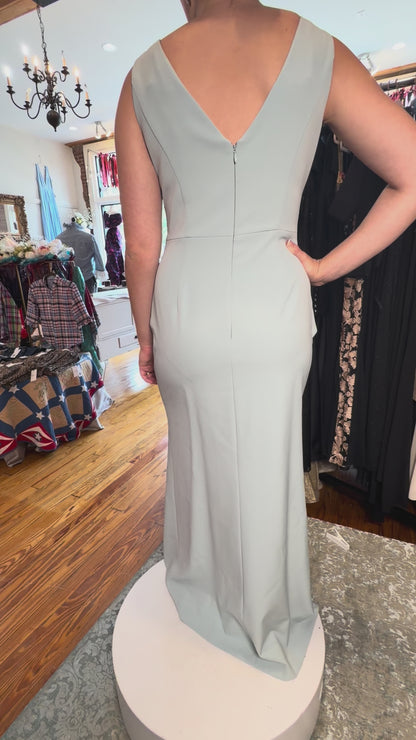 Eliza J Sage Green Sheath Gown with Ruffle Detail – Size 10