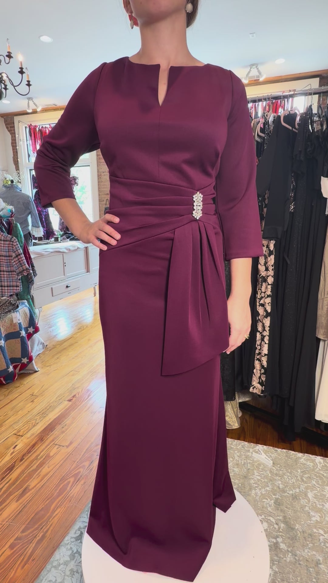 Jessica Howard Burgundy Ruched Column Gown with 3/4 Sleeves – Size 16