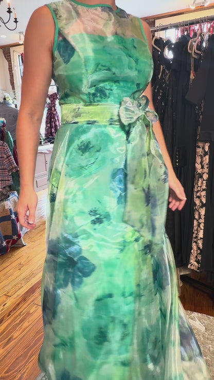 Eliza J Green & Blue Watercolor Floral Illusion Gown – Size 10