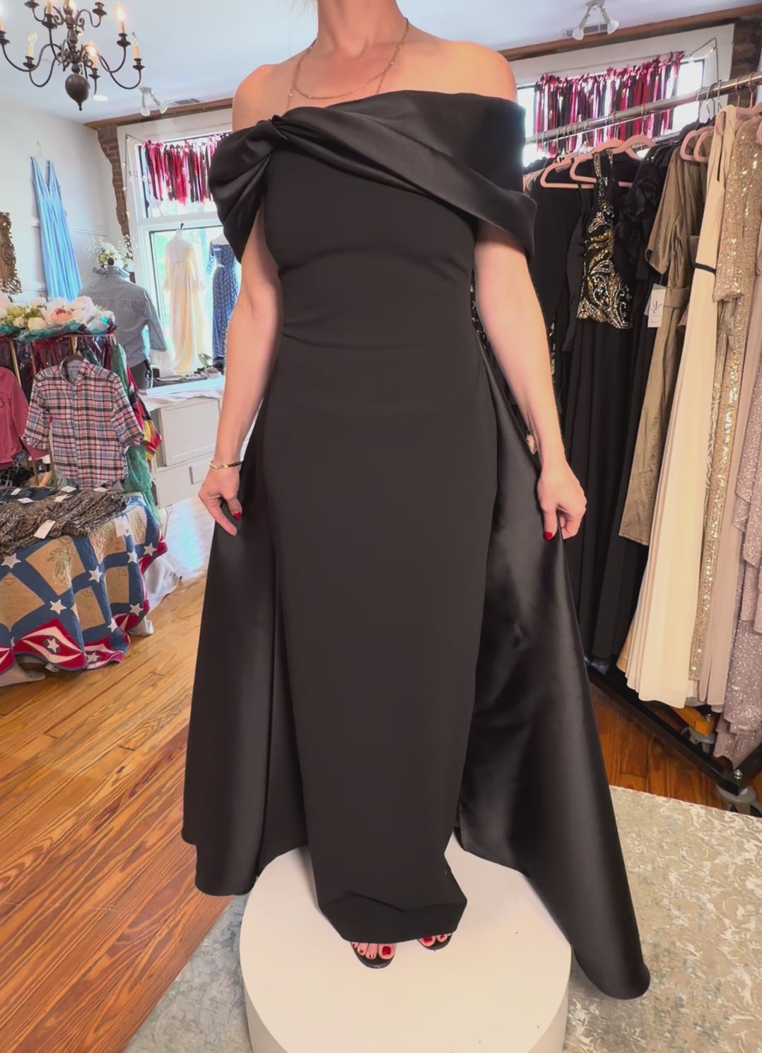 Off-Shoulder Satin Cape Gown with Pleated Overlay – Black, Size 6