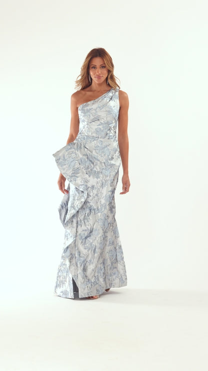 One-Shoulder Floral Brocade Gown with Side Ruffle, Size 10