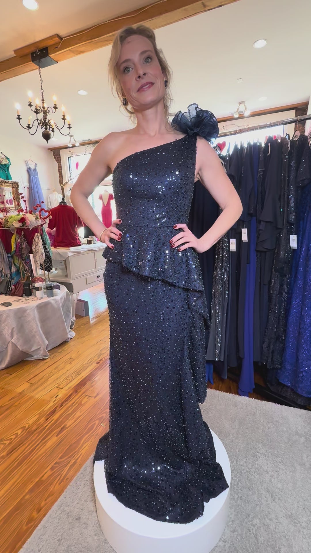 Alyce Navy - Sequin One-Shoulder Gown with Asymmetric Peplum