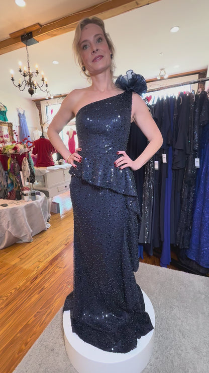 Alyce Navy - Sequin One-Shoulder Gown with Asymmetric Peplum