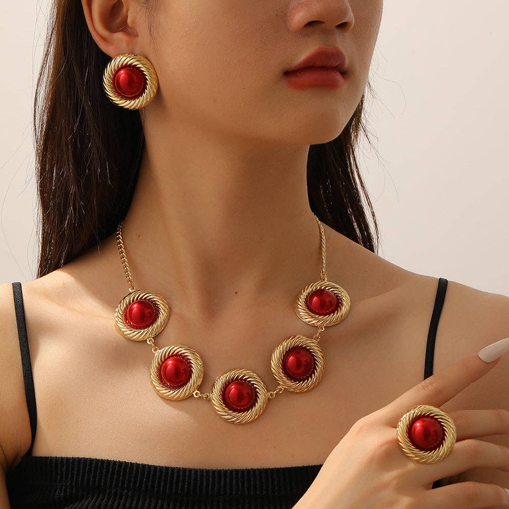 Red-center necklace, earring and ring on model at Dover Grace Boutique in Watkinsville, Georgia.