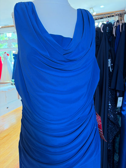 Close-up of cowl neckline and ruched bodice on R&M Richards royal blue gown