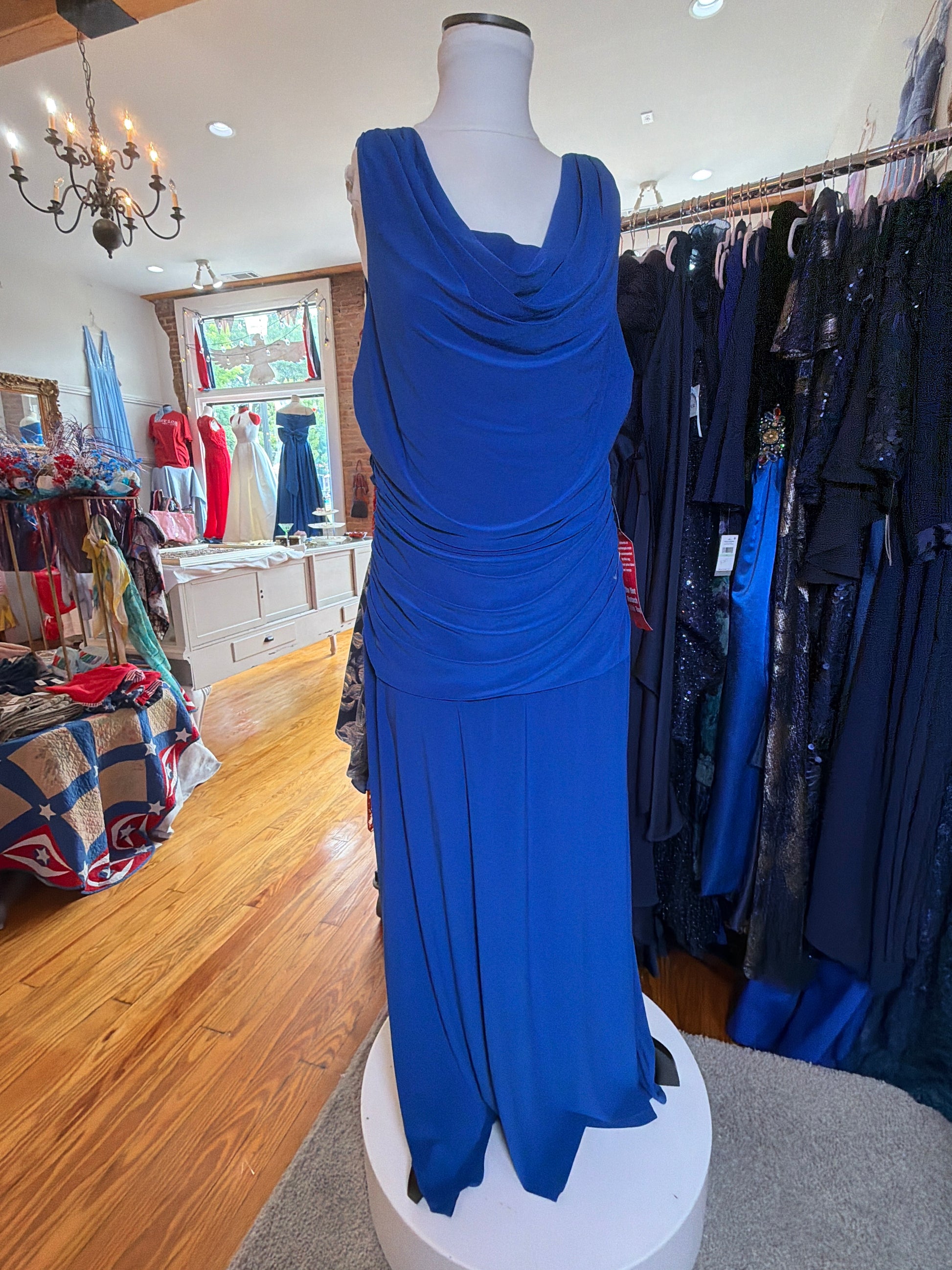 New R&M Richards royal blue ruched gown, front full-length view, cowl neckline