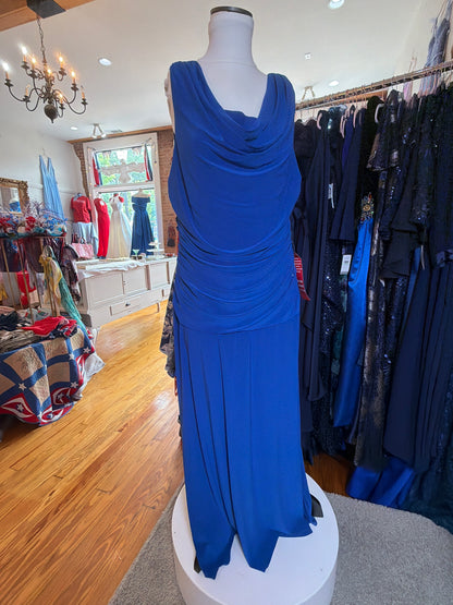 New R&M Richards royal blue ruched gown, front full-length view, cowl neckline