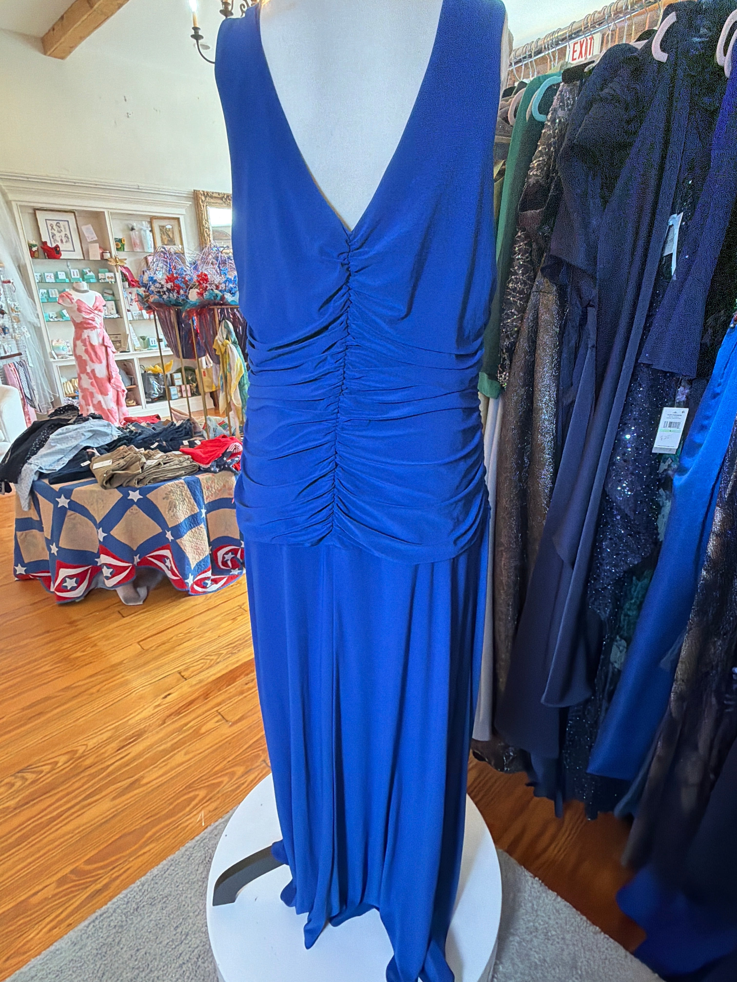 R&M Richards Royal Blue Ruched Cowl Neck Gown – V Back, Size 16W, Floor Length