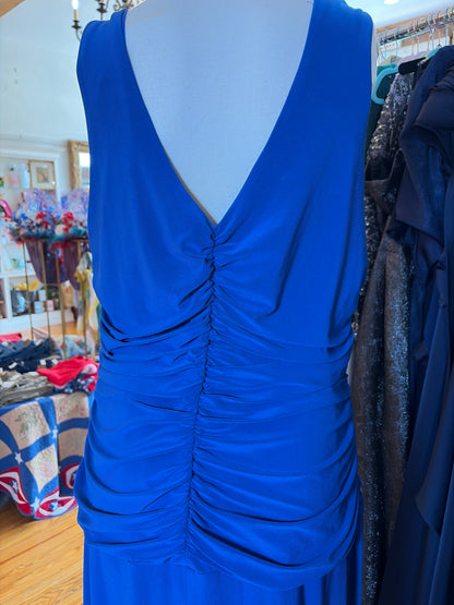 V-back detail on R&M Richards royal blue floor-length formal gown