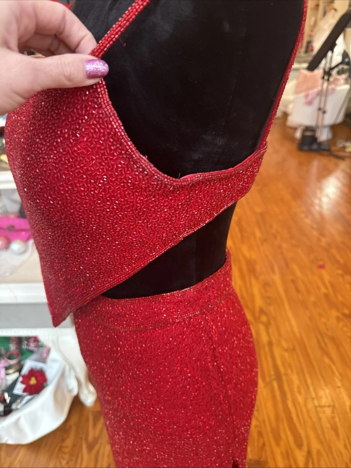 Vintage Sean Collection- Cherry Red Beaded Silk  Gown