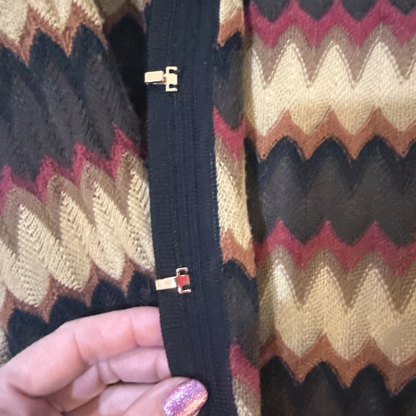 Misook Long Cardigan Jacket | Earth Tone Chevron Knit