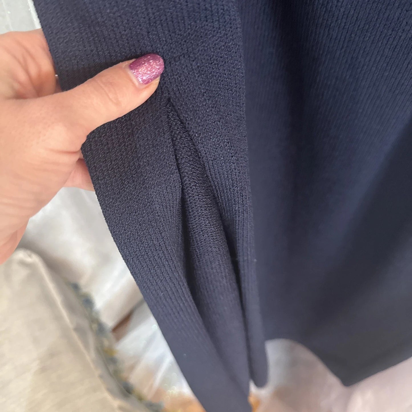 St. John Evening- Navy Ribbed Knit Skirt | Side Slit