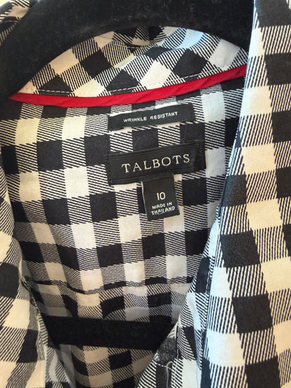 Talbots size 10 label inside a black and white gingham shirt with red inner neckline trim.