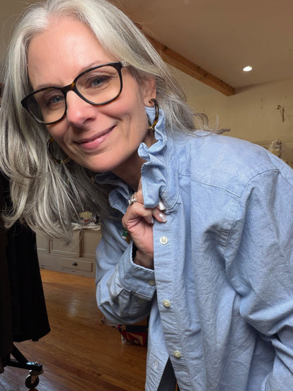 Close-up of the ruffled collar on the upcycled Ralph Lauren light blue oxford shirt
