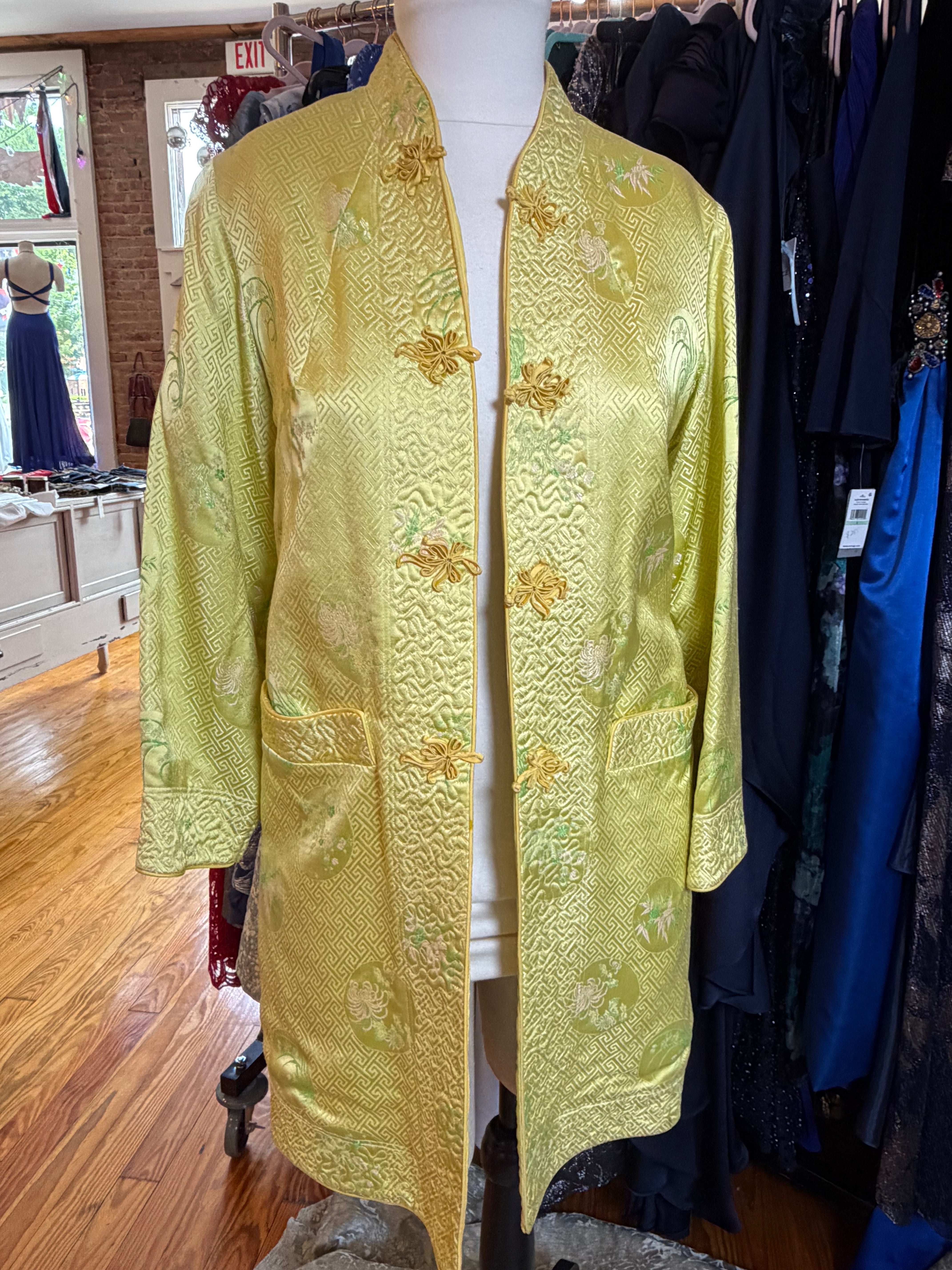 Vintage gold-green silk brocade jacket with embroidered florals, front full view