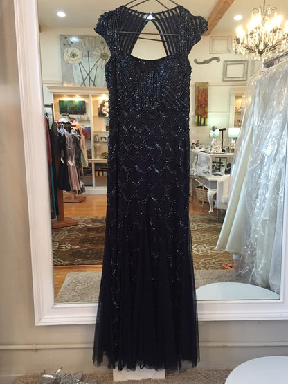 Vintage Cache Midnight Blue Sequin Beaded Gown, Size 14