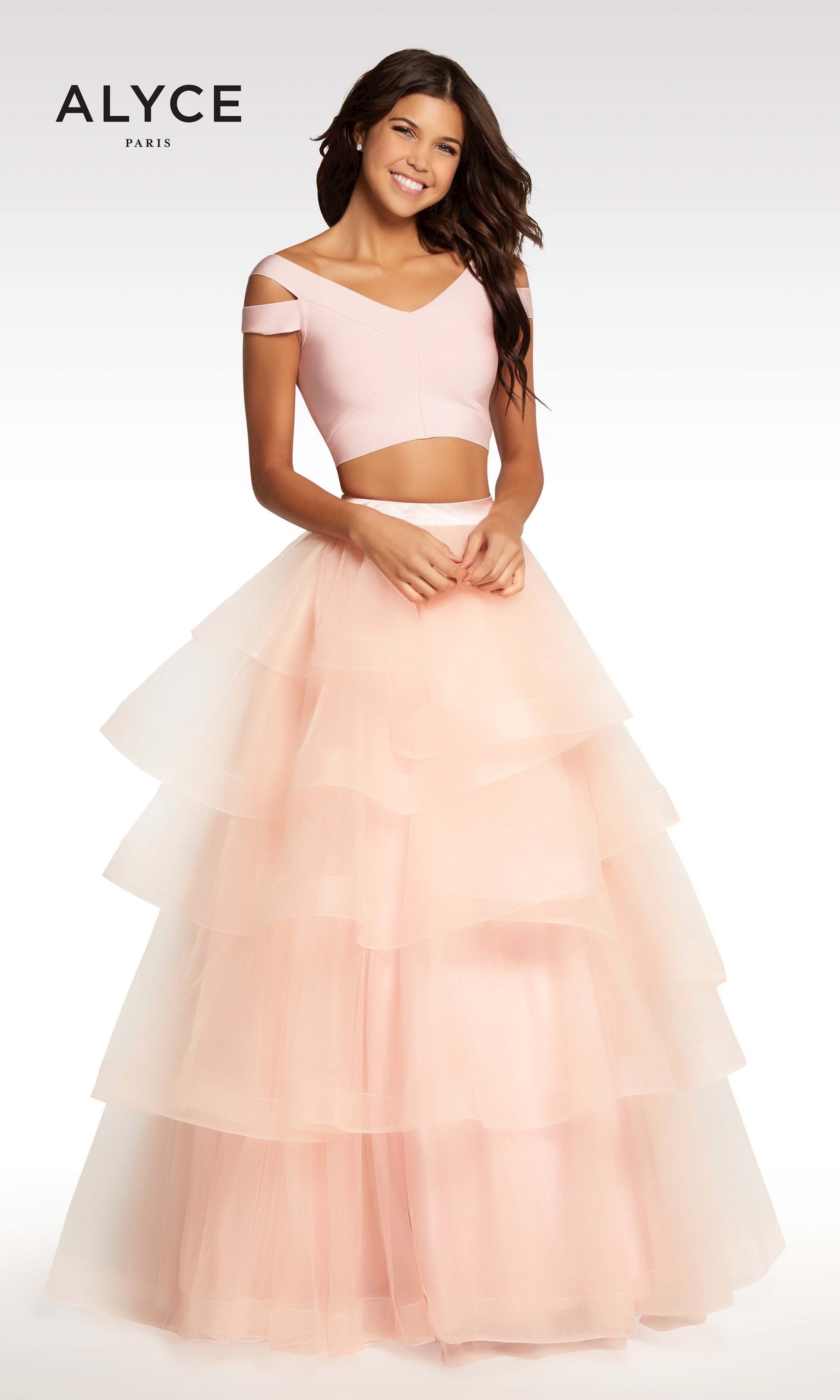Alyce Paris Starry Night Two Piece Prom Dress | Pink Long Ruffle Skirt Gown Alyce Paris Starry Night Two Piece Prom Dress | Pink Long Ruffle Skirt Gown